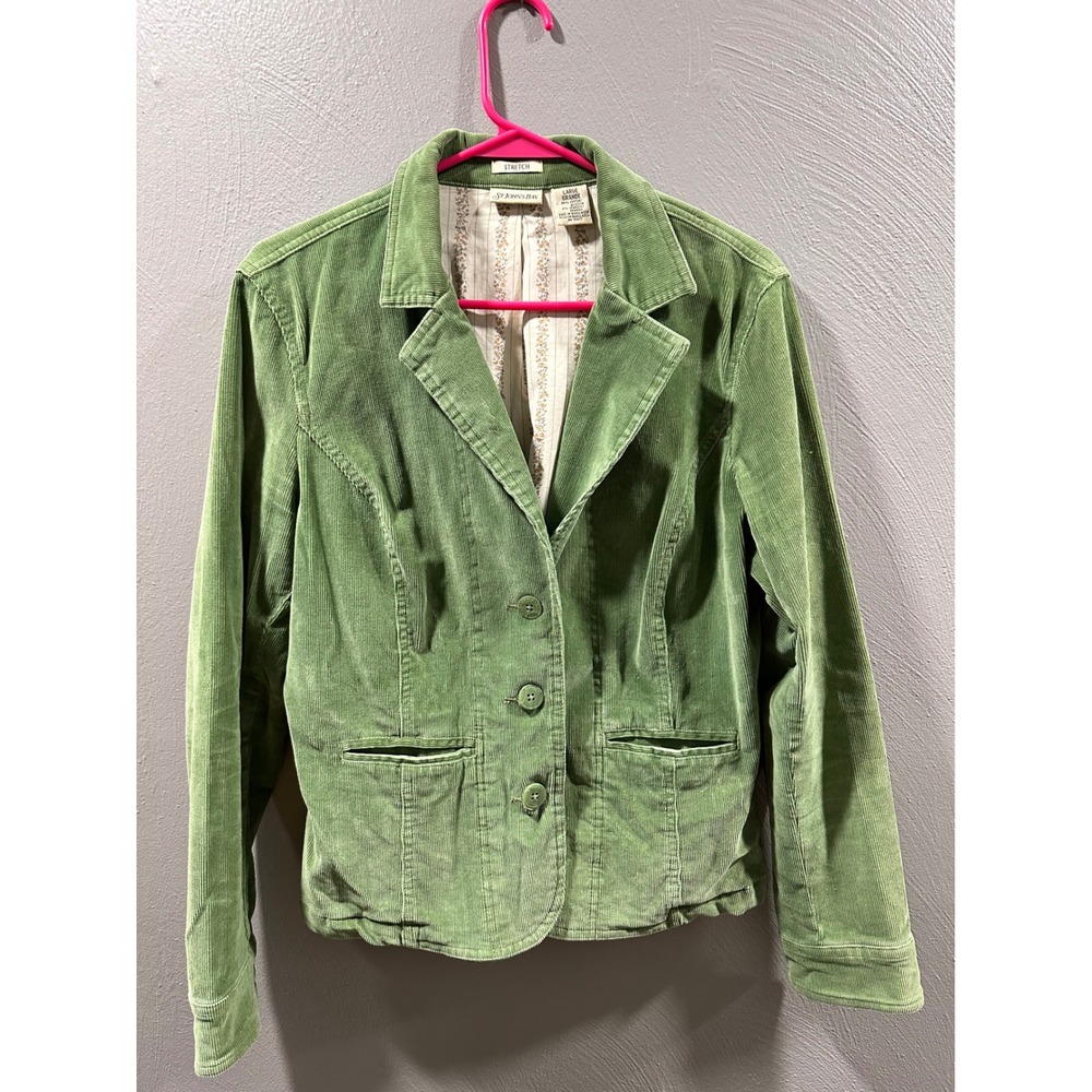 St Johns Bay Womens Sage Green Corduroy Blazer Jacket Stretch Large Floral